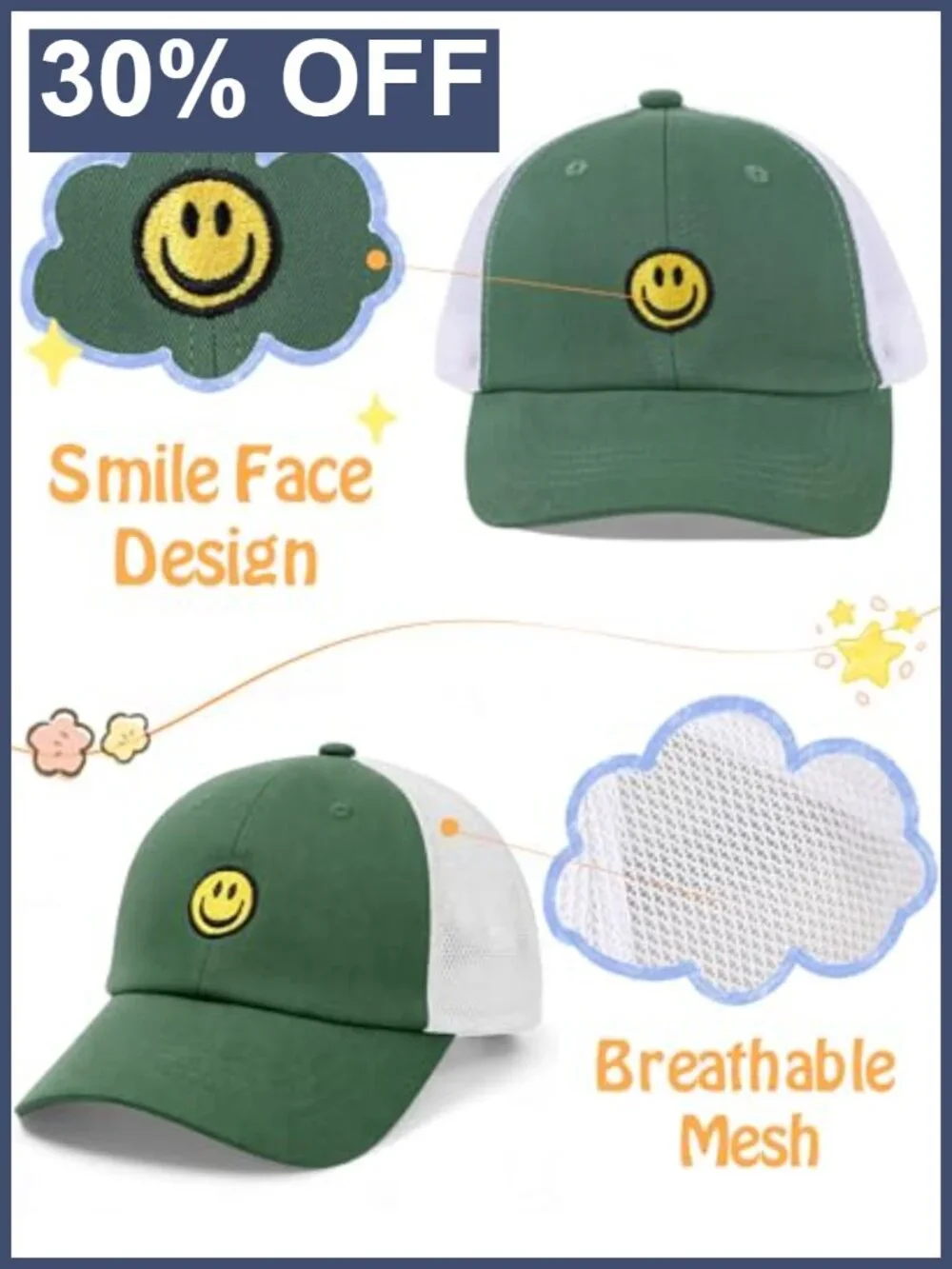 Toddler Kids Smile Face Baseball Cap Mesh Back UPF 50+ Adjustable Trucker Hat